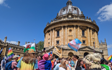 A picture of the 2023 pride parade outside the Radcliffe camera