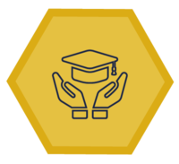 An icon showing 2 hands holding a scholar's cap in a warm yellow hexagon